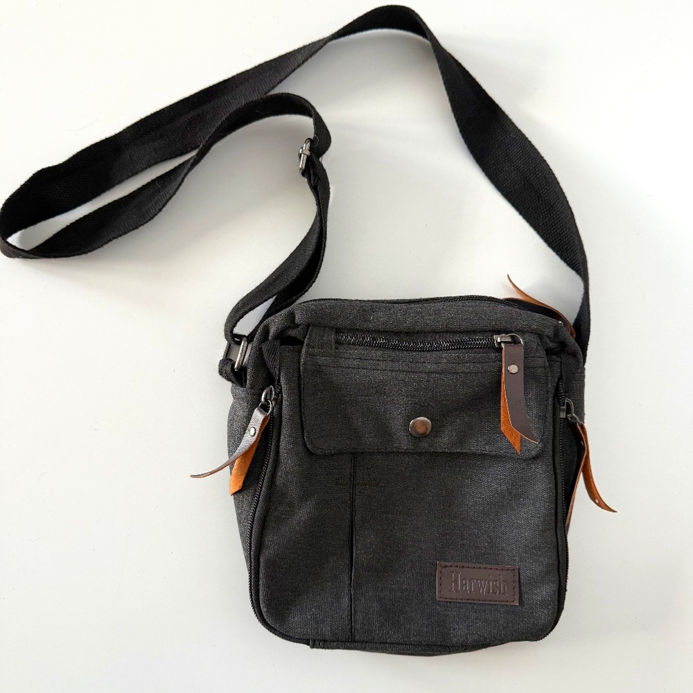Harwish Charcoal Messenger Crossbody Bag with Leather Accents